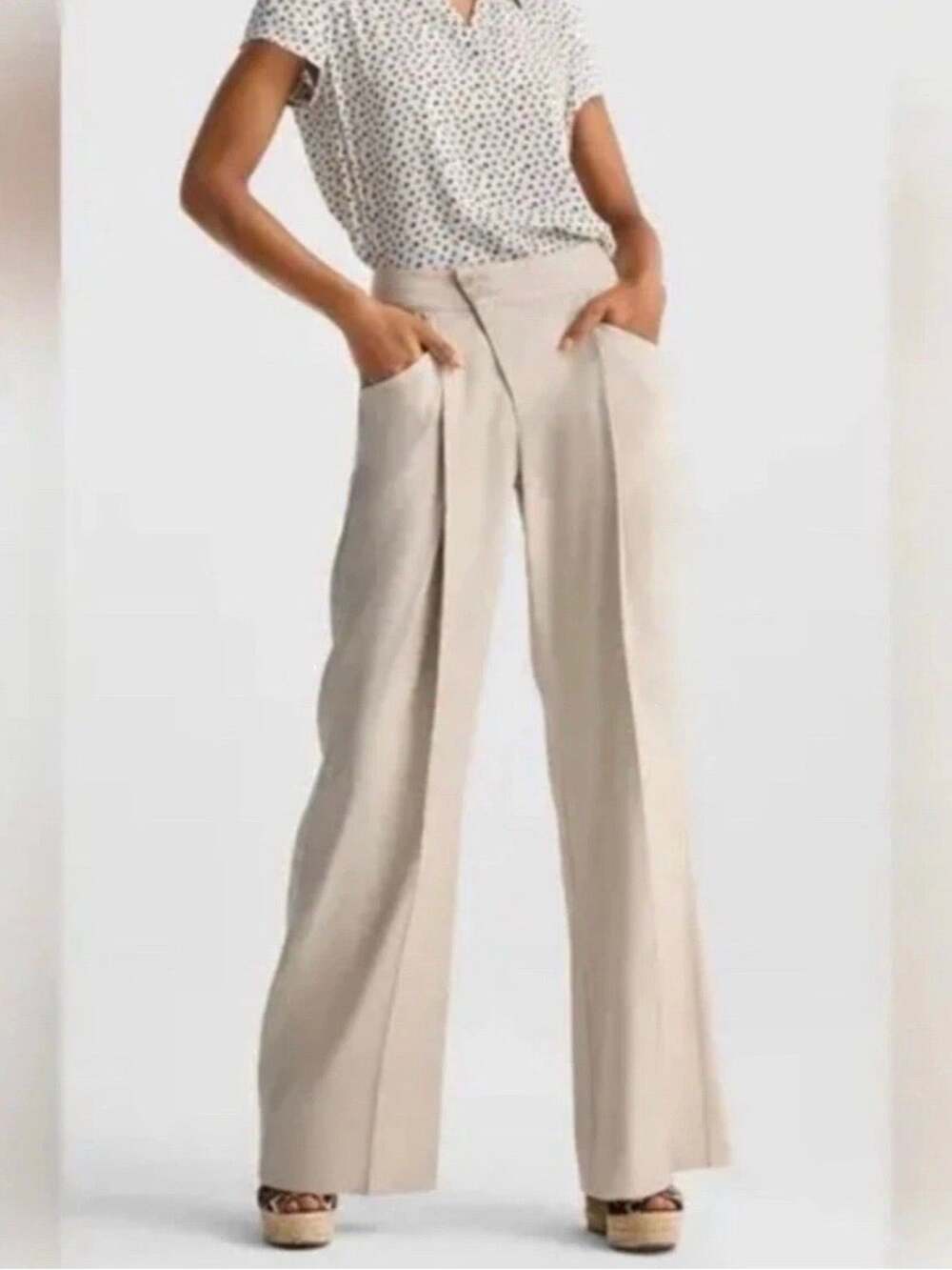 CAbi Cream Biscotti Traipse Linen Blend Wide Leg Trouser Pants Sz.4